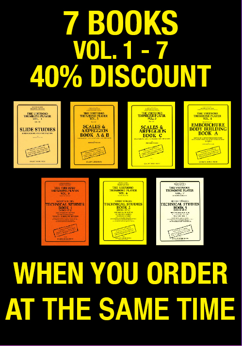 <strong><font color="red">4) 40%.<br>TROMBONE METHODS. (7 BOOKS) <br> VOL. 1, 2, 3, 4, 5, 6 & 7<br> <font color="black">MAIL INCLUDED